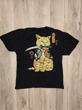 Threadless Black Tee with Yellow Tabby Cat and Colorful Koi Art